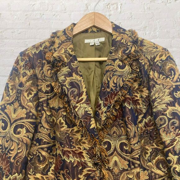ICE Tapestry Brocade Jacket Size 12 Fringe Gold Navy Baroque Jeweled Buttons - Picture 5 of 16